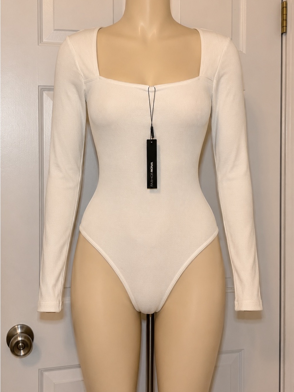 Fashion Nova Cream Square Neck Long Sleeve Ribbed Bodysuit